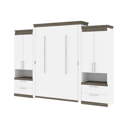 Bestar Orion 124W Queen Murphy Bed and 2 Storage Cabinets with Pull-Out Shelves (125W), White & Walnut Grey 116870-000017